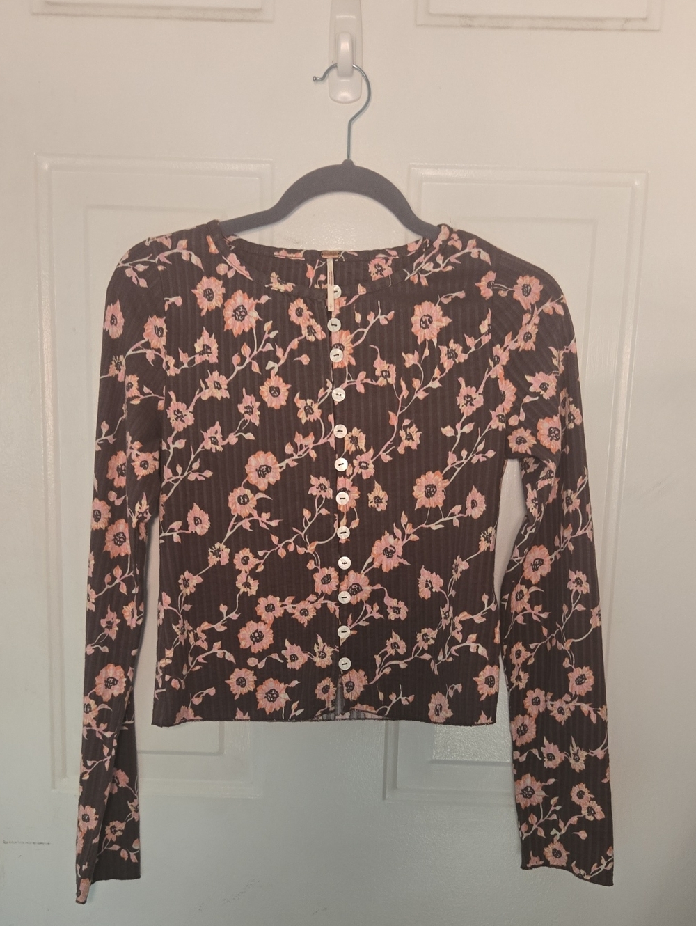 Free People Brown Ribbed Button-Front Floral Cardigan with Pink Flowers